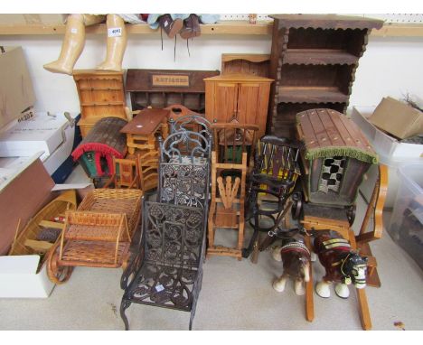 A collection of wooden and metal model furniture and two model caravans with ceramic shire horses
