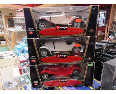 Three boxed Burago Special Collection 1:18 scale diecast cars to include Mercedes-Benz SSKL 1931, Mercedes-Benz 500 K Roadste