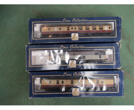 A boxed Lima 00 gauge 305331A7 Class 73 Railfreight diesel electric locomotive 73118 together with boxed Lima coaches (3) 