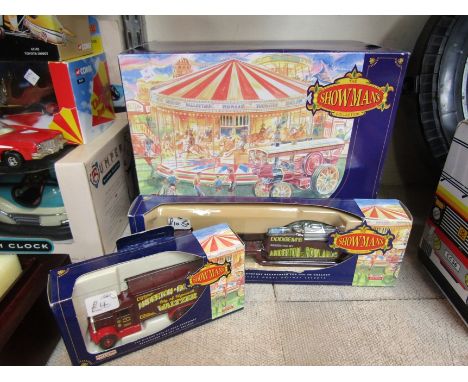 A boxed Lledo The Showman's Collection AR1002 Burrell Showmans Steam Wagon and Cardboard Carousel, Scamell Tractor with Artic