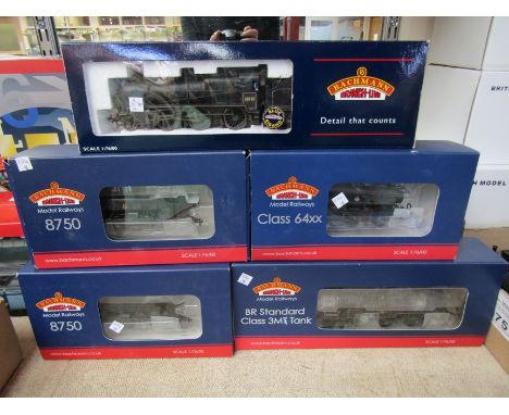 Five playworn or repainted 00 gauge locomotives in mis-matched Bachmann Branch-Line boxes, BR Standard Tank loco Class 3MT "8