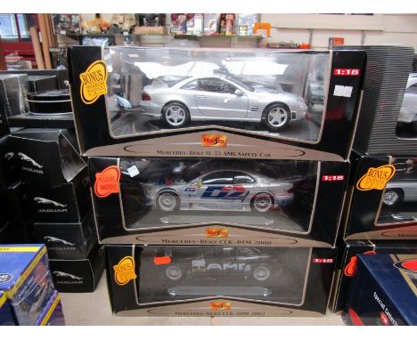 Three boxed Maisto GT Racing 1:18 scale diecast cars to include Mercedes-Benz SL55 AMG Safety Car, Mercedes-Benz CLK-DTM 2000