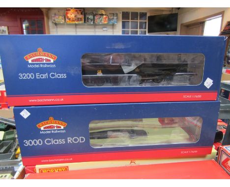 Two boxed Bachmann Branch-Line 00 gauge locomotives 21-128 3000 Class Rod 3036 BR Black Early Emblem (Weathered) and 31-086 G