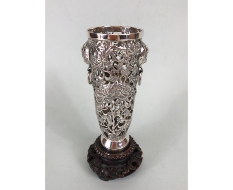 Antique oriental silver, Chinese chopstick holder, pierced open work design of chrysanthemums with grotesque heads holding ri