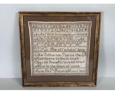 Antique Victorian 19th Century needlework sampler of religious quotation and alphabet,  named and dated 1860, approximately 2