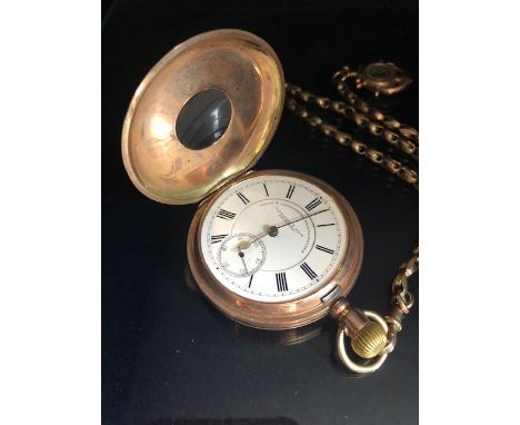 Antique Half hunter gold pocket watch the case marked K9, white dial with Roman numerals and inset secondary dial. marked Fat