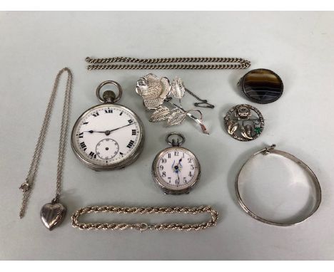 Antique Silver, two silver cased pocket watches both A.F, silver rope chain bracelet, stone set rose brooch, agate brooch, ba