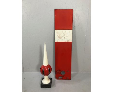 Railway interest, cast iron ball and spike finial from a Railway line Signal post and a Red and White pressed metal signal fi