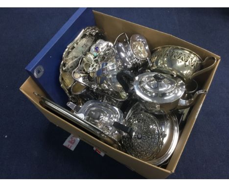 SILVER PLATED THREE PIECE TEA SERVICE, along with another pot, salvers, cake baskets and cutlery