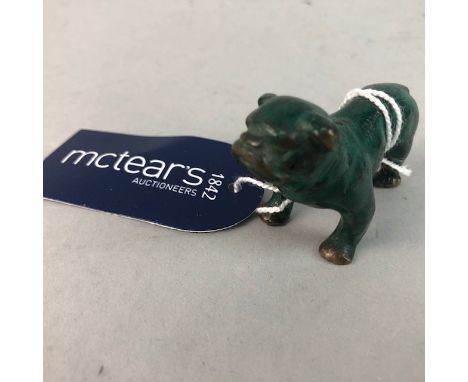 BRONZE MODEL OF A BULLDOG, painted green, 5.5cm long