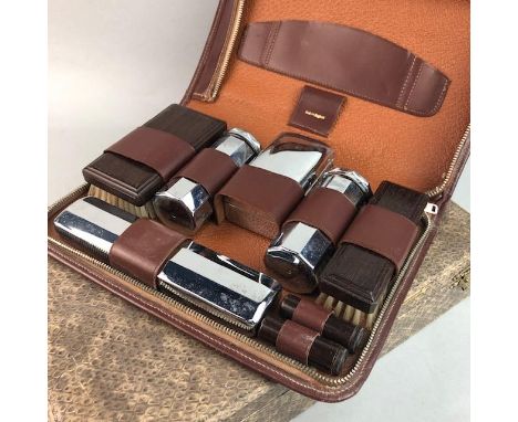 CASED WHITE METAL AND GUILLOCHE ENAMEL DRESSING TABLE SET, along with a gent's grooming kit (2)