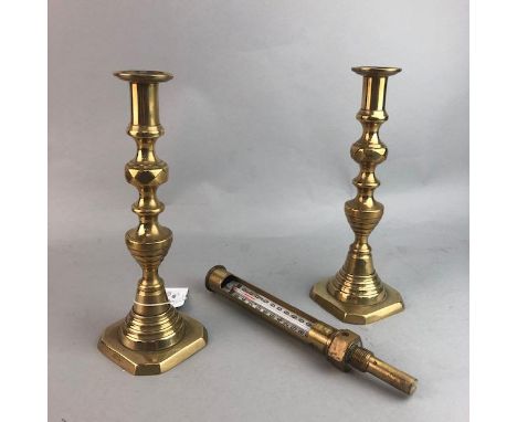 CAMPING STOVE, 21cm high, along with a pair of brass candlesticks, a copper jug, a lantern, a brass mounted thermometer, and 