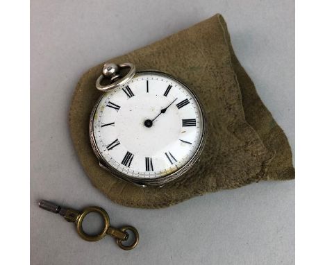 VICTORIAN SILVER OPEN FACE WATCH, the enamel dial with Roman numerals in black, marked 'SILVER'
