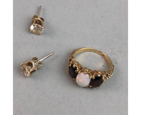 OPAL AND GARNET DRESS RING AND A PAIR OF EAR STUDS