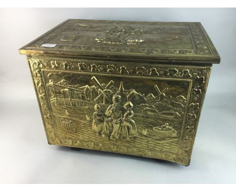 EMBOSSED BRASS LOG BOX, along with a copper measure, a key box and a small barometer