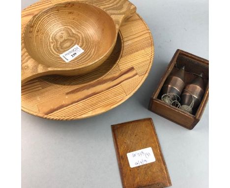 OAK QUAICH BY SCOTT MYLES, 24cm wide, along with a turned wooden bowl and a pair of bronze plumb bobs, in case (3)