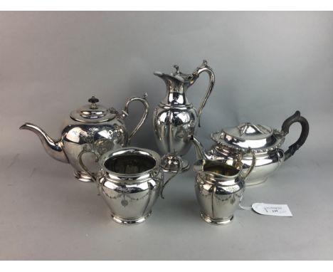 LATE VICTORIAN SILVER PLATED FOUR PIECE TEA SERVICE, along with an entree dish, cake basket and cake stand