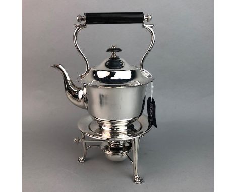 SILVER THREE PIECE CONDIMENT SET, along with a plated tea kettle on stand and a hotel plate three piece tea service