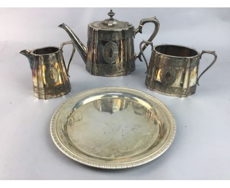 SILVER PLATED THREE PIECE TEA SERVICE, along with a silver plated tray