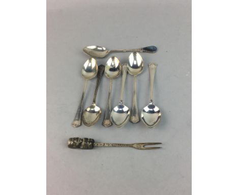 SET OF SIX SILVER TEA SPOONS, 60g gross, along with a Mexican silver fork and spoon marked silver, together with a collection