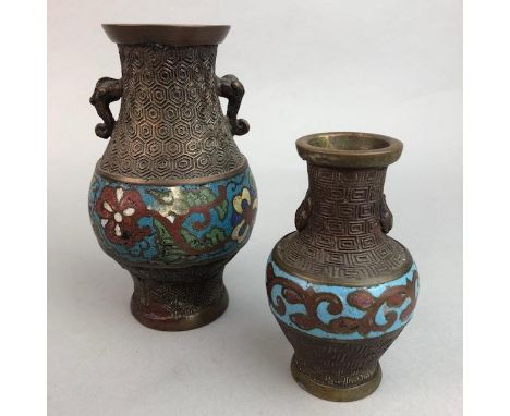 TWO CHINESE BRONZE AND ENAMEL VASES, along with a carved Buddha, a small brass bowl and a filigree pendant