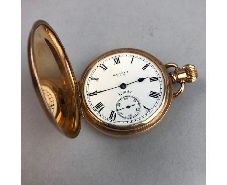 GOLD PLATED FULL HUNTER POCKET WATCH, with monogram to the front case