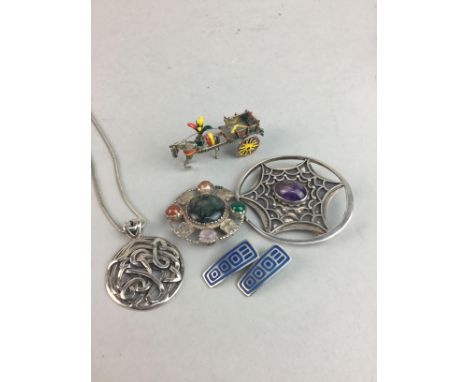 PAIR OF SILVER CLIP ON EARRINGS BY DAVID ANDERSEN, also a Scottish silver brooch, a disc pendant and brooch and a miniature e