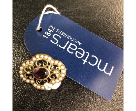 VICTORIAN SILVER QUATREFOIL BROOCH, set with amethyst and seed pearls, along with a Japanese satsuma brooch, a pair of pearl 