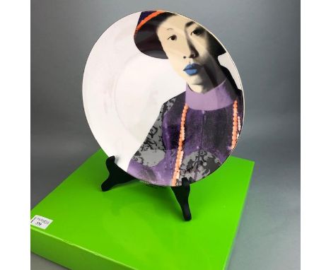 CHINESE CERAMIC PLATE, with stand and box