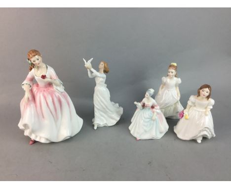 LOT OF FIVE ROYAL DOULTON FIGURE OF LADIES, along with seven Nao figures and a pin dish