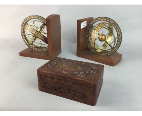 PAIR OF GLOBE BOOKENDS, 16cm high, along with a carved wood jewellery box (3)