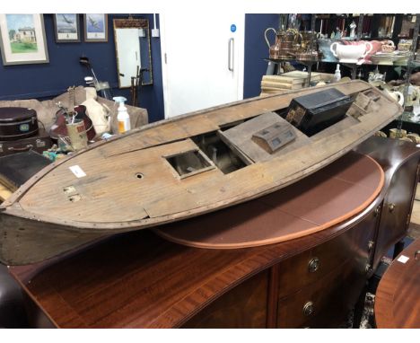 VINTAGE WOODEN MODEL OF A SHIP, approximately 190cm long, along with a box of spares
