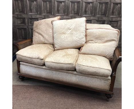 MAHOGANY FRAMED THREE PIECE BERGERE SUITE, comprising three seater sofa, 147cm wide, and two armchairs, the single caned back