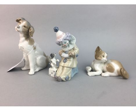 LLADRO FIGURE OF A CLOWN WITH A CONCERTINA, 15cm high, along with a Nao dog, Lladro cat, Lladro girl with a lamb, Lladro grou