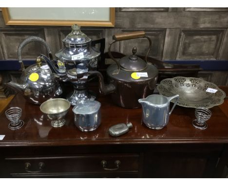 MINIATURE SILVER PLATED HIP FLASK, along with a copper kettle and other silver plated items