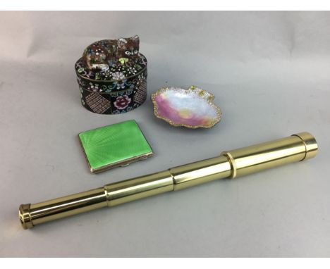 CHINESE CLOISONNE CASKET, with 'cat' cover, also an enamel case, a modern telescope and small Limoges dish (4)