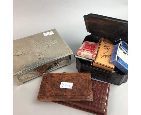 ARTS &amp; CRAFTS STYLE WHITE METAL CASKET, along with another casket, a tin hip flask, spoons, a horn snuff mull and other i