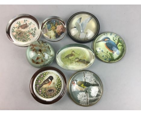 LOT OF EIGHT GLASS PAPERWEIGHTS, boxed, along with two ceramic wall tiles