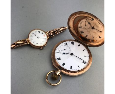 LADY'S NINE CARAT GOLD WRIST WATCH, on plated bracelet strap, along with a plated full hunter pocket watch (2)