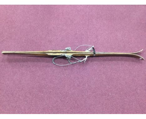 PAIR OF VINTAGE WOODEN SKIS, along with poles and wooden ice skates