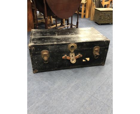 20TH CENTURY LACQUERED BLACK TRUNK, 30cm high, 77cm wide