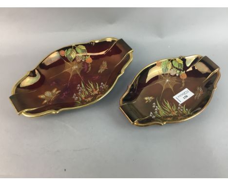 TWO CARLTON WARE 'ROUGE ROYALE' SPIDERS WEB DOUBLE HANDLED DISHES, 26cm wide, along with two other Rouge Royale dishes, two C