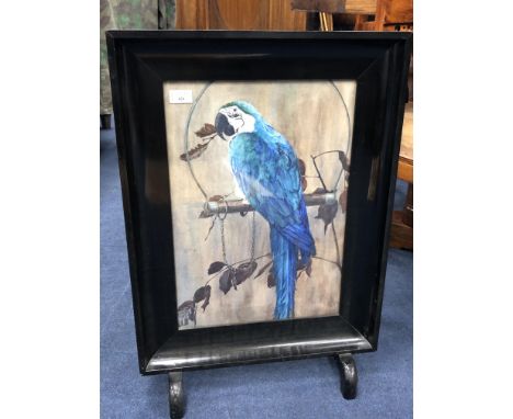 LATE VICTORIAN WATERCOLOUR OF A PARROT, adapted to a fire screen, 72cm high, along with another fire screen (2)