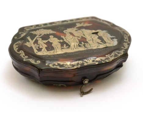 An early 18th century tortoiseshell snuff box, circa 1720, with pique point and pique pose silver inlay depicting Jesus and f