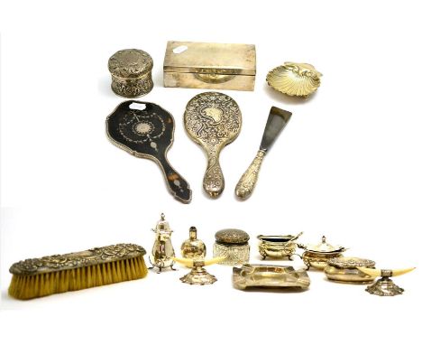 A silver group, knife rests, box, dressing table items, a shell dish etc  CONDITION REPORT: Sold as seen unless a specific it