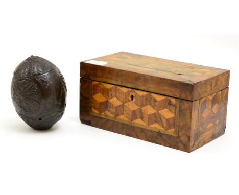 A 19th century coconut shell depicting armorial panels and an inlaid tea caddy (2) CONDITION REPORT: Caddy - light restoratio