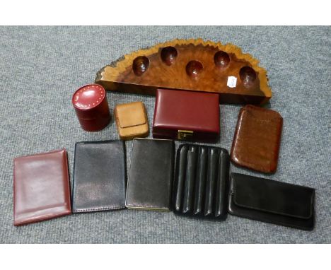 A vintage large burrwood pipe stand from Kirby, Read & Co, Paris, two leather cigar cases, three cigarette cases, drum cigare