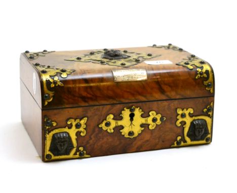 Victorian Egyptian Revival brass mounted walnut sewing box CONDITION REPORT: Require light restoration, especially to interio