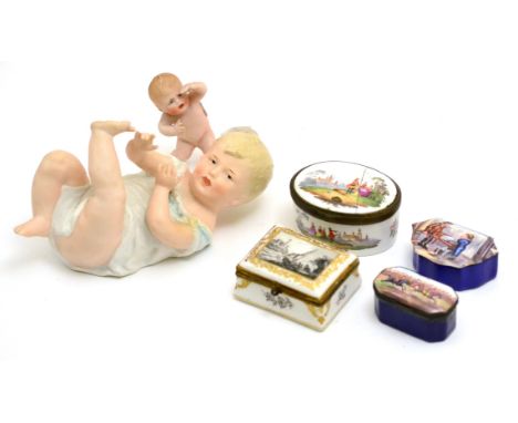 A Victorian bisque piano baby and another smaller, two Bilton patch boxes and two Continental porcelain boxes (6) CONDITION R