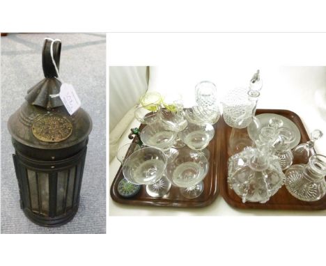 Two glass sweet meats of scalloped form, another, two rinsers, condiments and other assorted glass (on two trays) and a Victo